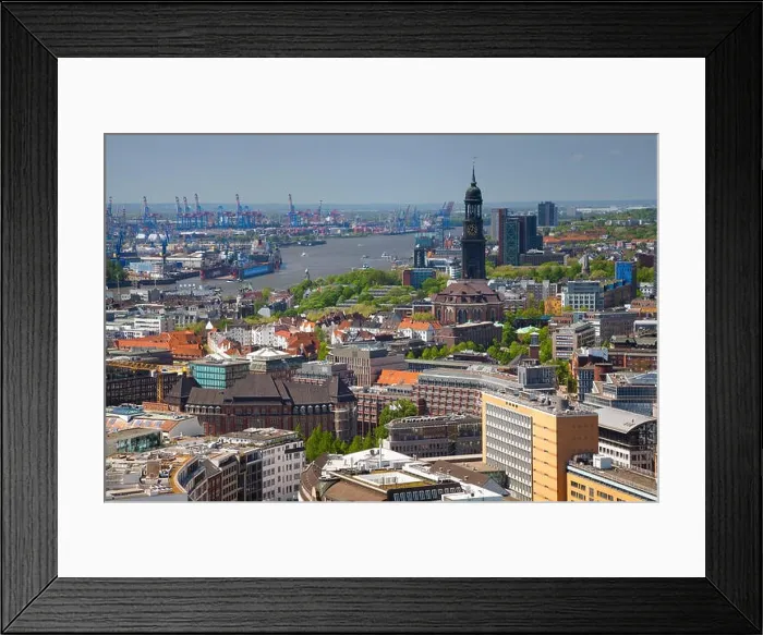 Framed Print : Hamburg. Aerial image of Hamburg with the St. Michael church and harbour Framed Print : Hamburg. Aerial image of Hamburg with the St. Michael church and harbour