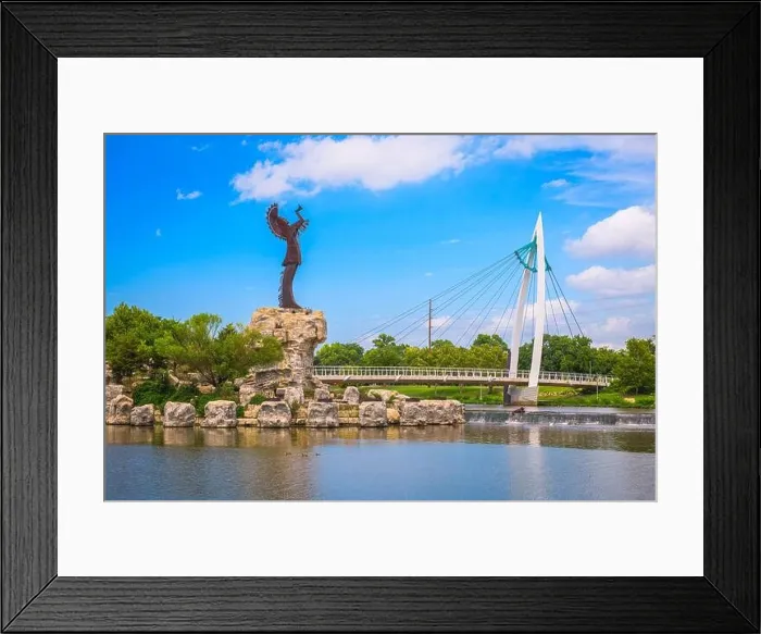Framed Print : WICHITA, KANSAS - AUGUS 30, 2018: The confluence of the Arkansas and Little Arkansas River at the Keeper of the Plains near downtown Wichita Framed Print : WICHITA, KANSAS - AUGUS 30, 2018: The confluence of the Arkansas and Little Arkansas River at the Keeper of the Plains near downtown Wichita
