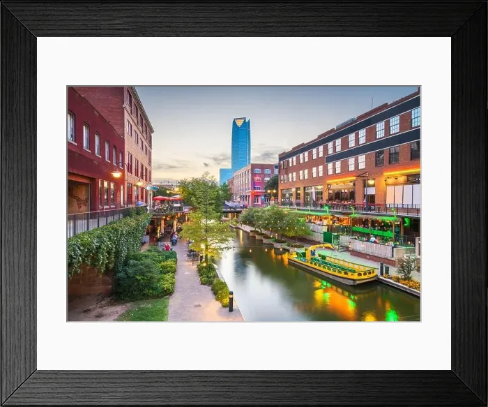 Framed Print : Oklahoma City, Oklahoma, USA cityscape in Bricktown at dusk Framed Print : Oklahoma City, Oklahoma, USA cityscape in Bricktown at dusk