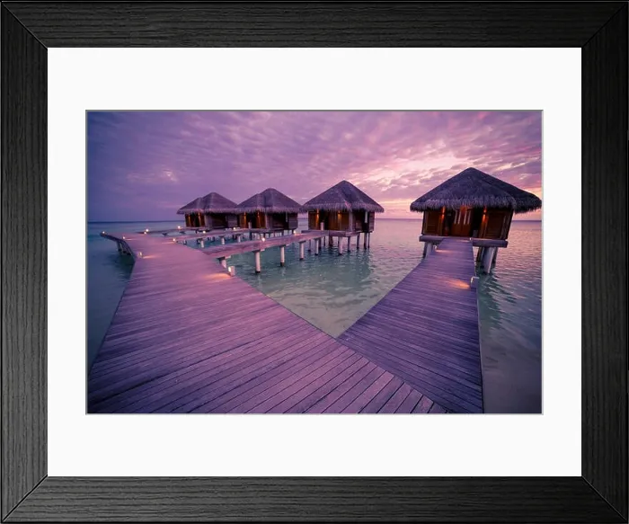 Framed Print : Over water bungalows with steps into amazing green lagoon with coral, Maldives sunset beach Framed Print : Over water bungalows with steps into amazing green lagoon with coral, Maldives sunset beach