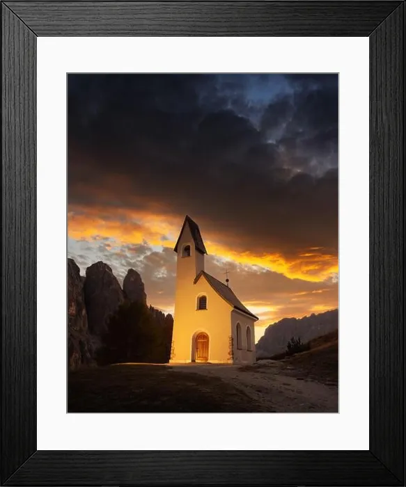 Framed Print : Incredible view on small iIlluminated chapel - Kapelle Ciapela on Gardena Pass, Italian Dolomites mountains. Colorful sunset in Dolomite Alps, Italy Framed Print : Incredible view on small iIlluminated chapel - Kapelle Ciapela on Gardena Pass, Italian Dolomites mountains. Colorful sunset in Dolomite Alps, Italy