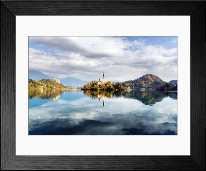 Framed Print : Morning autumn view of Bled lake in Julian Alps, Slovenia. Pilgrimage church of the Assumption of Maria on a foreground. Landscape photography Framed Print : Morning autumn view of Bled lake in Julian Alps, Slovenia. Pilgrimage church of the Assumption of Maria on a foreground. Landscape photography