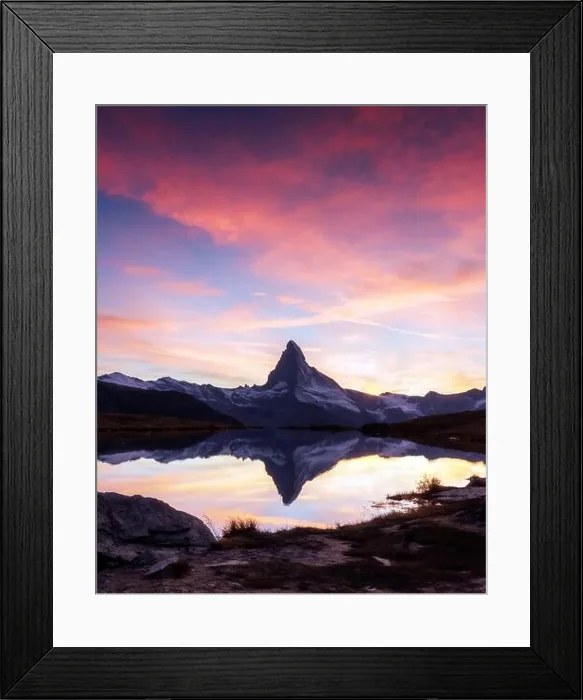 Framed Print : Picturesque landscape with colorful sunrise on Stellisee lake. Snowy Matterhorn Cervino peak with reflection in clear water. Zermatt, Swiss Alps Framed Print : Picturesque landscape with colorful sunrise on Stellisee lake. Snowy Matterhorn Cervino peak with reflection in clear water. Zermatt, Swiss Alps