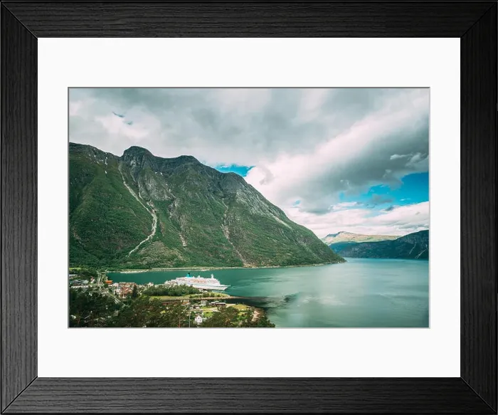 Framed Print : Eidfjord, Norway. Touristic Ship Or Ferry Boat Boat Liner Moored Near Harbour In Summer Day. Aerial View Of Famous Norwegian Landmark And Popular Dest