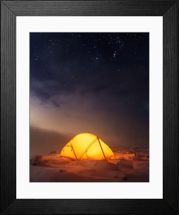 Framed Print : Yellow tent lighted from the inside against the backdrop of glowing city lights and incredible starry sky. Amazing night landscape Framed Print : Yellow tent lighted from the inside against the backdrop of glowing city lights and incredible starry sky. Amazing night landscape