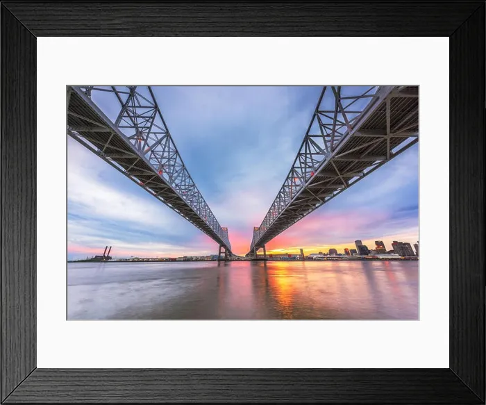 Framed Print : New Orleans, Louisiana, USA downtown skyline on the Mississippi River below the Crescent City Connection Bridge