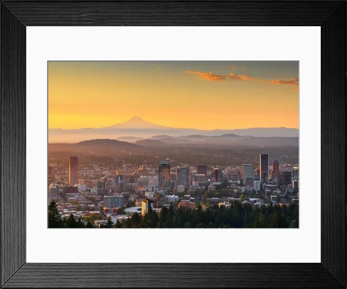 Framed Print : Portland, Oregon, USA skyline at dawn with Mt. Hood in the distance at dawn Framed Print : Portland, Oregon, USA skyline at dawn with Mt. Hood in the distance at dawn