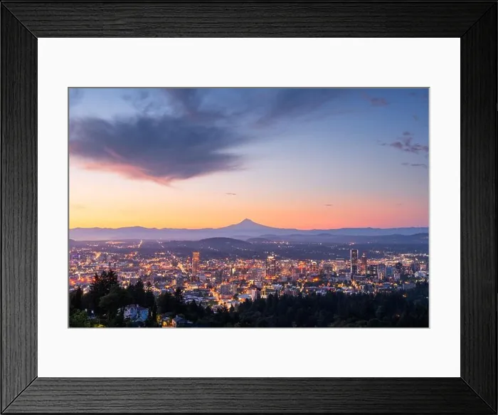 Framed Print : Portland, Oregon, USA skyline at dawn with Mt. Hood in the distance at dawn Framed Print : Portland, Oregon, USA skyline at dawn with Mt. Hood in the distance at dawn