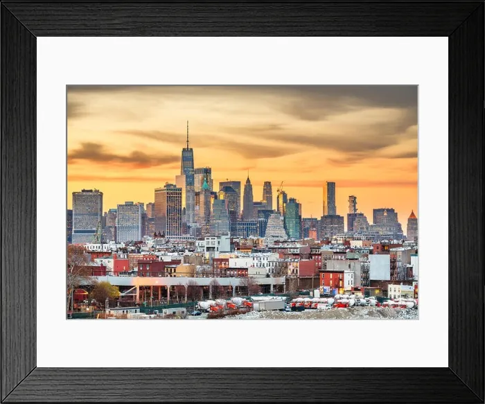 Framed Print : New York City, USA midtown Manhattan skyline at dusk with Brooklyn's industrial areas in the foreground Framed Print : New York City, USA midtown Manhattan skyline at dusk with Brooklyn's industrial areas in the foreground