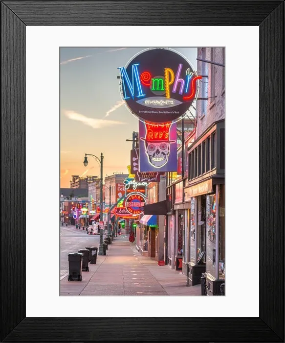 Framed Print : MEMPHIS, TENNESSEE - AUGUST 25, 2017: Blues Clubs on Beale Street at dawn Framed Print : MEMPHIS, TENNESSEE - AUGUST 25, 2017: Blues Clubs on Beale Street at dawn