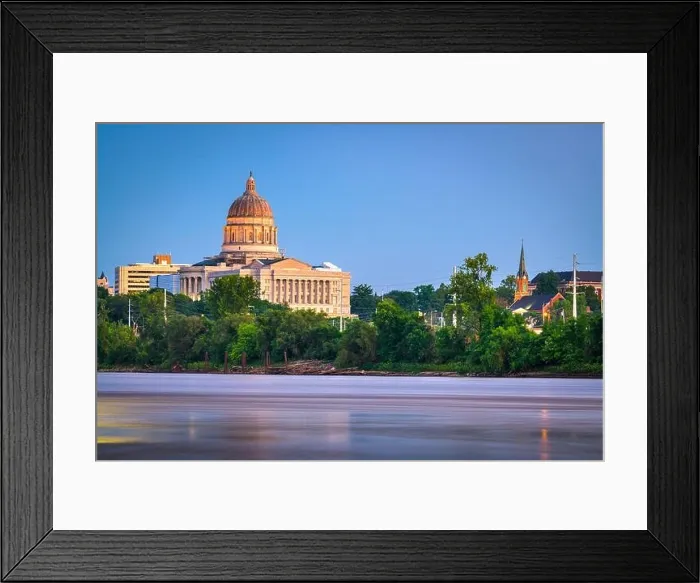 Framed Print : Jefferson City, Missouri, USA downtown view on the Missouri River with the State Capitol at dusk Framed Print : Jefferson City, Missouri, USA downtown view on the Missouri River with the State Capitol at dusk