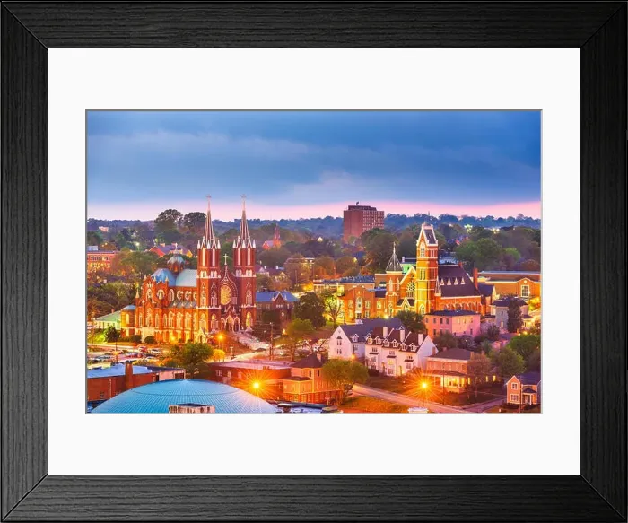 Framed Print : Macon, Georgia, USA historic downtown churches at dusk Framed Print : Macon, Georgia, USA historic downtown churches at dusk