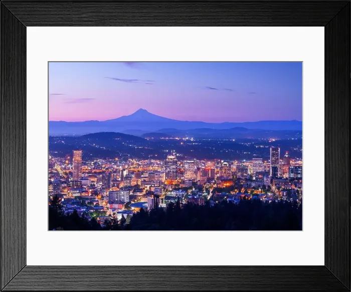 Framed Print : Portland, Oregon, USA skyline at dawn with Mt. Hood in the distance at dawn Framed Print : Portland, Oregon, USA skyline at dawn with Mt. Hood in the distance at dawn