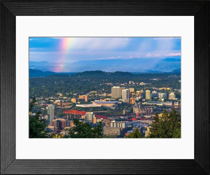 Framed Print : Portland, Oregon, USA downtown cityscape with a sun shower and rainbow Framed Print : Portland, Oregon, USA downtown cityscape with a sun shower and rainbow