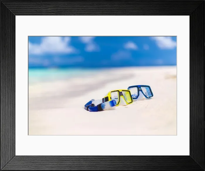 Framed Print : Equipment for snorkeling, beach background concept Framed Print : Equipment for snorkeling, beach background concept