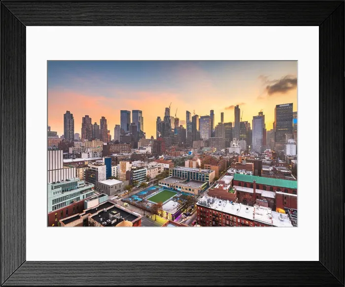 Framed Print : New York, New York, USA midtown Manhattan skyline over Hell's Kitchen at dawn Framed Print : New York, New York, USA midtown Manhattan skyline over Hell's Kitchen at dawn
