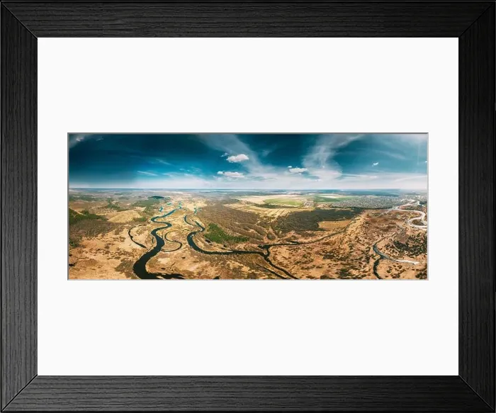 Framed Print : Aerial View Curved River In Early Spring Landscape. Top View Of Beautiful European Nature From High Attitude. Drone View. Bird's Eye View. Little Smal