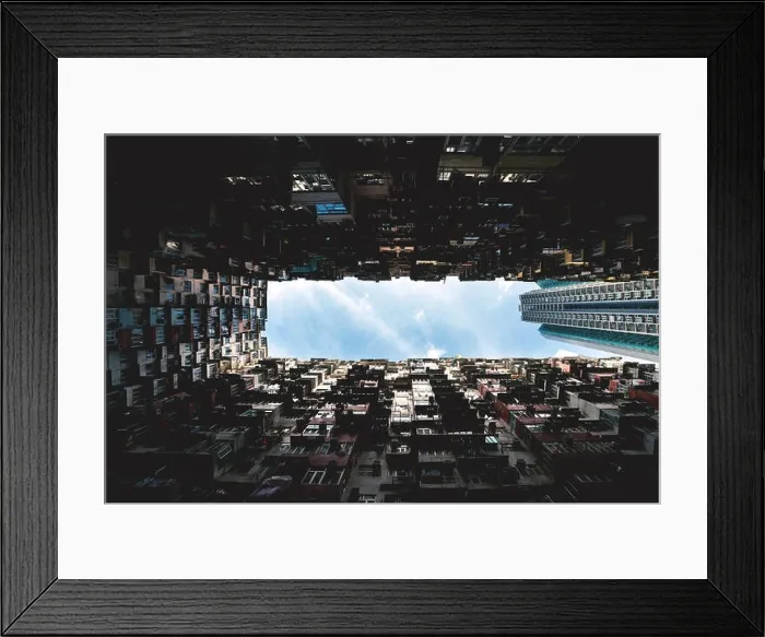 Framed Print : Hong Kong city residences area. Low angle view image of a crowded residential building in community in Quarry Bay, Hong Kong. Asian tourism, modern ci