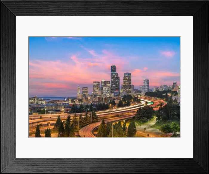 Framed Print : Seattle, Washington, USA downtown skyline and highways at dusk Framed Print : Seattle, Washington, USA downtown skyline and highways at dusk