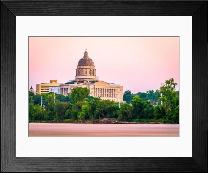 Framed Print : Jefferson City, Missouri, USA downtown view on the Missouri River with the State Capitol at dusk Framed Print : Jefferson City, Missouri, USA downtown view on the Missouri River with the State Capitol at dusk
