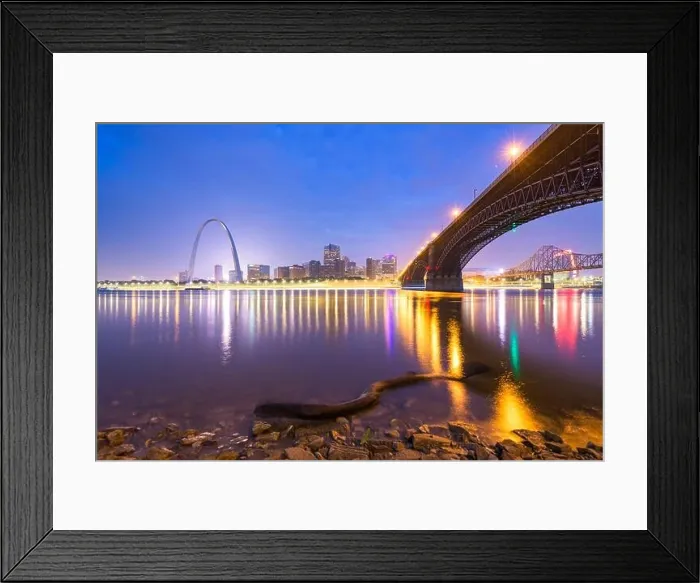 Framed Print : St. Louis, Missouri, USA downtown cityscape on the Mississippi River at twilight Framed Print : St. Louis, Missouri, USA downtown cityscape on the Mississippi River at twilight
