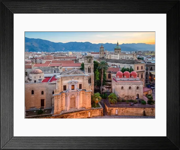 Framed Print : Palermo, Sicily town skyline with landmark towers at dusk Framed Print : Palermo, Sicily town skyline with landmark towers at dusk
