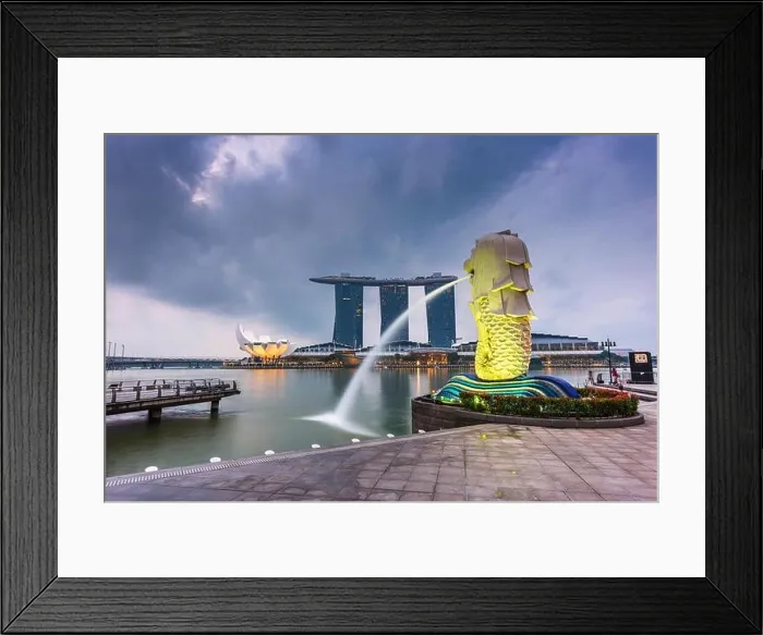 Framed Print : SINGAPORE - SEPTEMBER 6, 2015: The Merlion fountain at Marina Bay. The merlion is a marketing icon used as a mascot and national personification of Si Framed Print : SINGAPORE - SEPTEMBER 6, 2015: The Merlion fountain at Marina Bay. The merlion is a marketing icon used as a mascot and national personification of Si