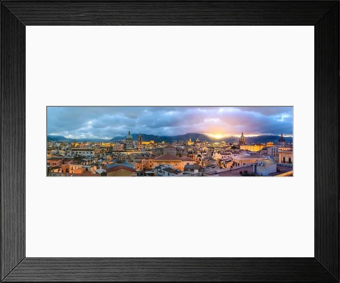 Framed Print : Palermo, Sicily town skyline with landmark towers at dusk Framed Print : Palermo, Sicily town skyline with landmark towers at dusk