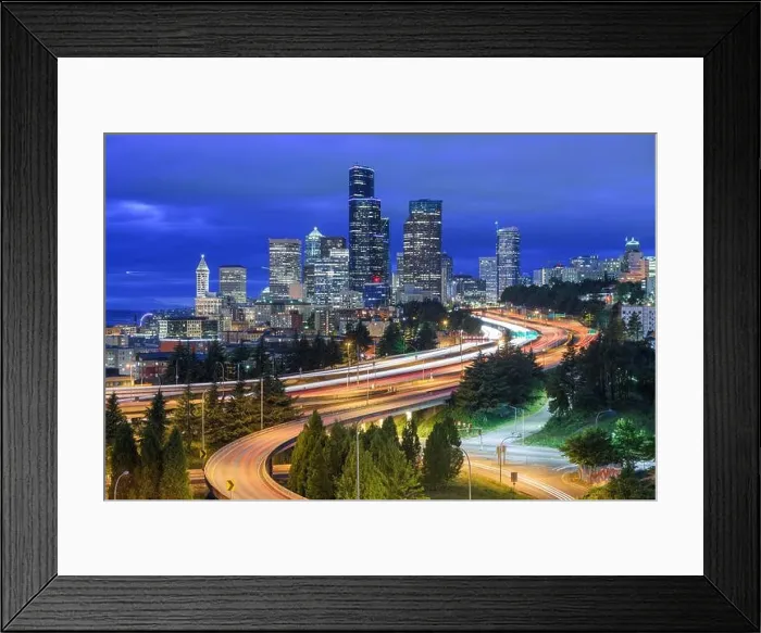 Framed Print : Seattle, Washington, USA downtown skyline and highways at dusk Framed Print : Seattle, Washington, USA downtown skyline and highways at dusk