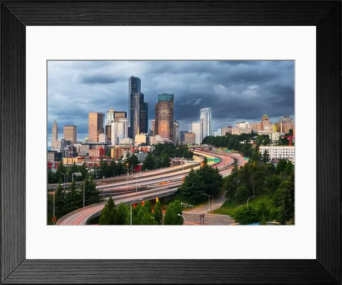Framed Print : Seattle, Washington, USA downtown skyline and highways at dusk Framed Print : Seattle, Washington, USA downtown skyline and highways at dusk