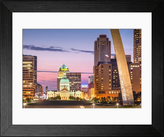 Framed Print : St. Louis, Missouri, USA downtown cityscape with the old courthouse at dusk Framed Print : St. Louis, Missouri, USA downtown cityscape with the old courthouse at dusk