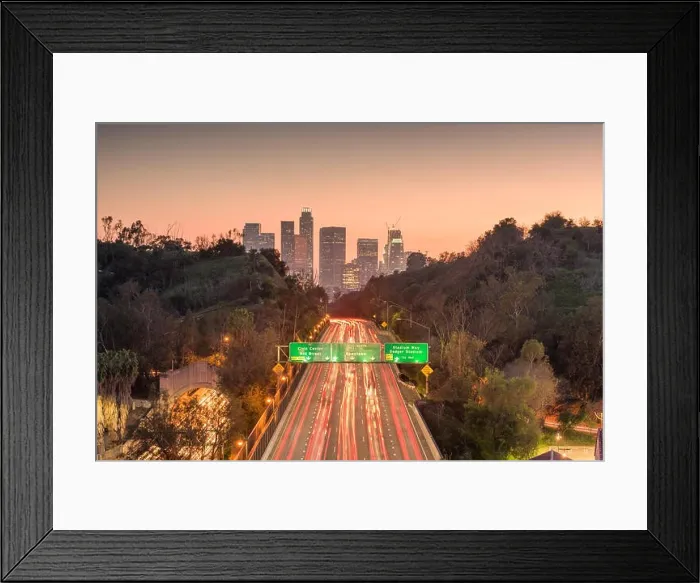 Framed Print : Los Angeles, California, USA skyline and highway at dusk Framed Print : Los Angeles, California, USA skyline and highway at dusk