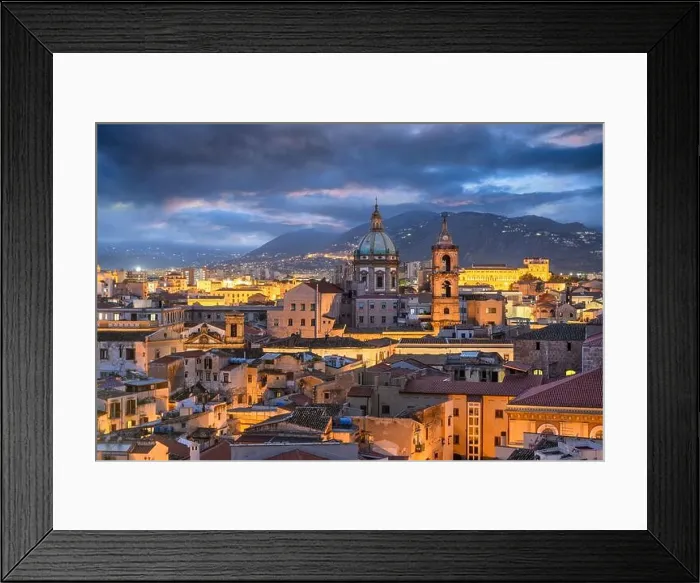 Framed Print : Palermo, Sicily town skyline with landmark towers at dusk Framed Print : Palermo, Sicily town skyline with landmark towers at dusk