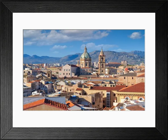 Framed Print : Palermo, Sicily town skyline with landmark towers in the morning Framed Print : Palermo, Sicily town skyline with landmark towers in the morning