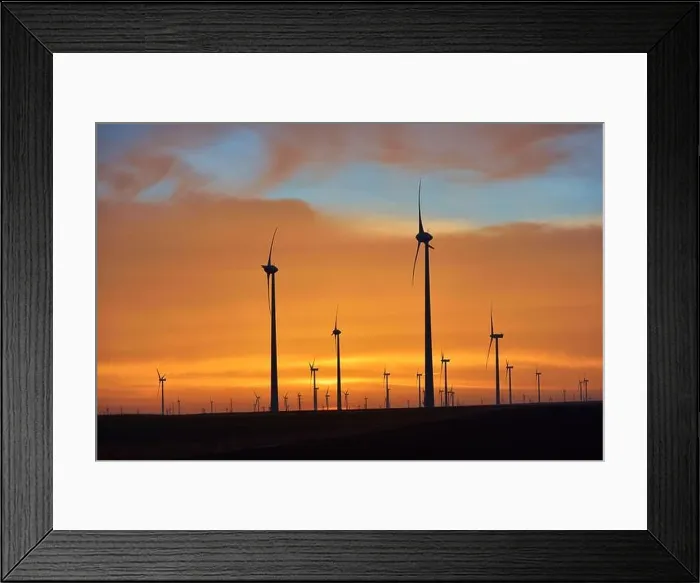 Framed Print : Eolian turbines park at sunet, warm light. Wind power concept Framed Print : Eolian turbines park at sunet, warm light. Wind power concept