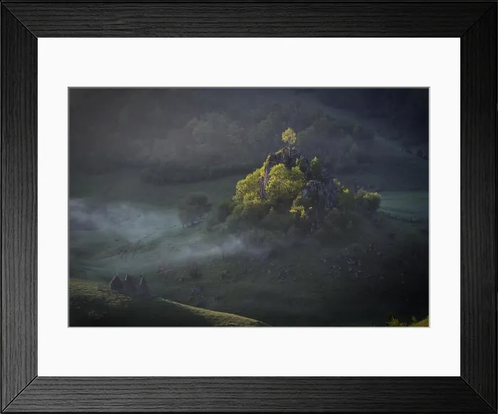 Framed Print : Morning sunshine with fog over a mountain landscape with a rock and trees in direct sunlight. Fundatura Ponorului, Romania Framed Print : Morning sunshine with fog over a mountain landscape with a rock and trees in direct sunlight. Fundatura Ponorului, Romania