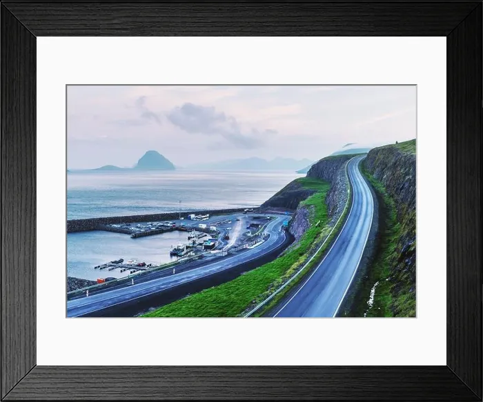 Framed Print : Foggy morning view of a pier with cars and boats near the Velbastadur village on Streymoy island, Faroe islands, Denmark. Landscape photography Framed Print : Foggy morning view of a pier with cars and boats near the Velbastadur village on Streymoy island, Faroe islands, Denmark. Landscape photography