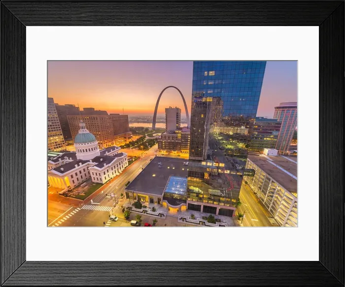 Framed Print : St. Louis, Missouri, USA downtown cityscape with the arch and courthouse at dusk