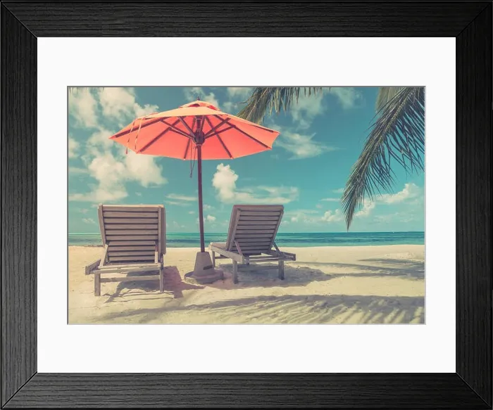 Framed Print : Beach scene. Instagram filter sunbed, clouds and sky Framed Print : Beach scene. Instagram filter sunbed, clouds and sky