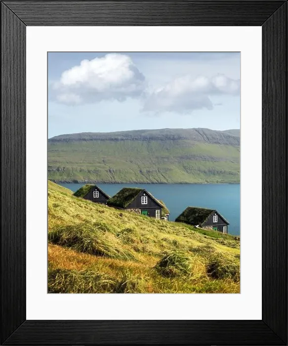 Framed Print : Picturesque view of tradicional faroese grass-covered houses in the village Bour during autumn. Vagar island, Faroe Islands, Denmark Framed Print : Picturesque view of tradicional faroese grass-covered houses in the village Bour during autumn. Vagar island, Faroe Islands, Denmark