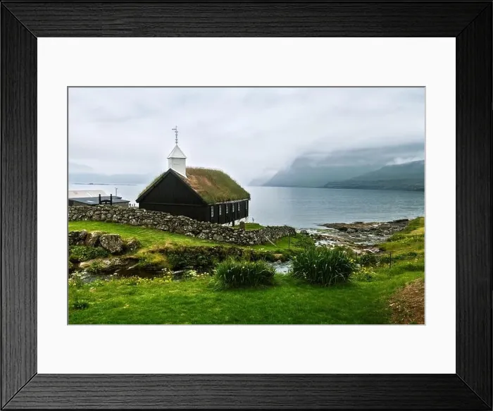 Framed Print : Summer view of traditional turf-top church in faroese village. Beauty landscape with foggy fjord and high mountains Framed Print : Summer view of traditional turf-top church in faroese village. Beauty landscape with foggy fjord and high mountains