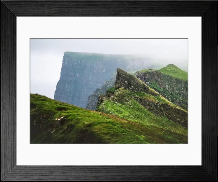 Framed Print : Foggy view of gorgeous mountains of Mykines island with tourist on high viewpoint. Faroe islands, Denmark. Landscape photography Framed Print : Foggy view of gorgeous mountains of Mykines island with tourist on high viewpoint. Faroe islands, Denmark. Landscape photography