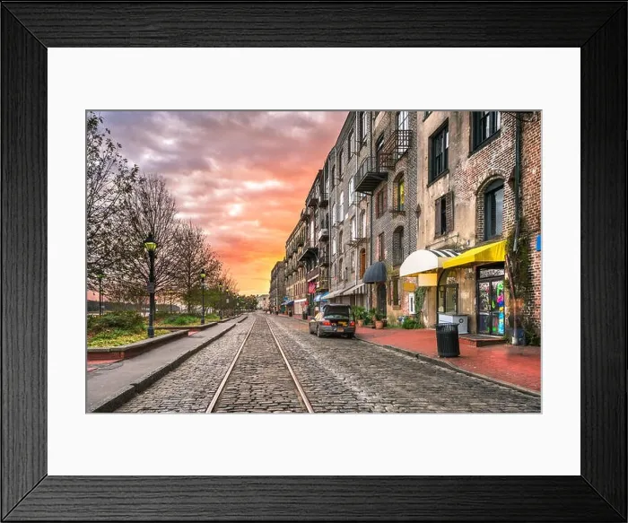 Framed Print : Savannah, Georgia, USA bars and restaurants on River Street at dawn Framed Print : Savannah, Georgia, USA bars and restaurants on River Street at dawn
