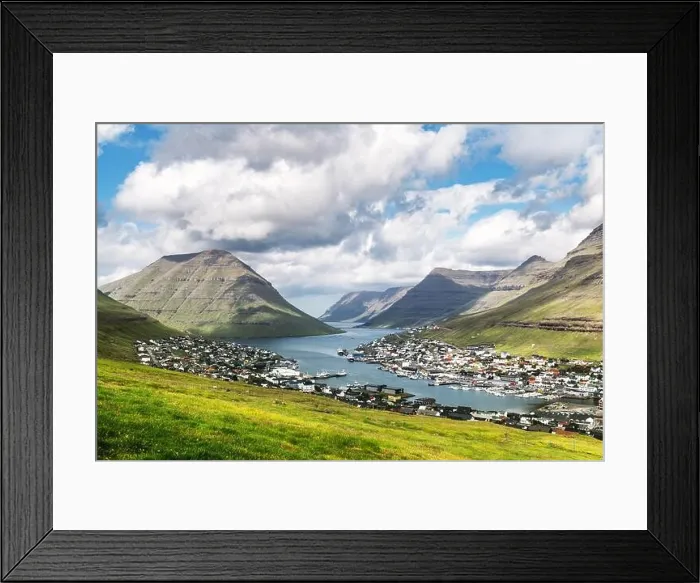 Framed Print : Breathtaking cityscape of Klaksvik town with fjord and cloudy mountains, Bordoy island, Faroe islands, Denmark. Landscape photography Framed Print : Breathtaking cityscape of Klaksvik town with fjord and cloudy mountains, Bordoy island, Faroe islands, Denmark. Landscape photography