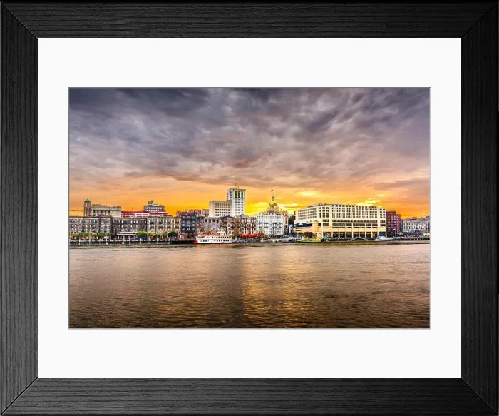 Framed Print : Savannah, Georgia, USA skyline on the Savannah River at dusk Framed Print : Savannah, Georgia, USA skyline on the Savannah River at dusk