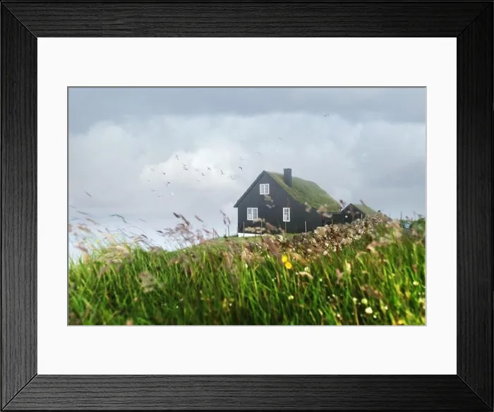 Framed Print : Foggy morning view of a house with typical turf-top grass roof and blue cloudy sky in the Velbastadur village on Streymoy island, Faroe islands Framed Print : Foggy morning view of a house with typical turf-top grass roof and blue cloudy sky in the Velbastadur village on Streymoy island, Faroe islands
