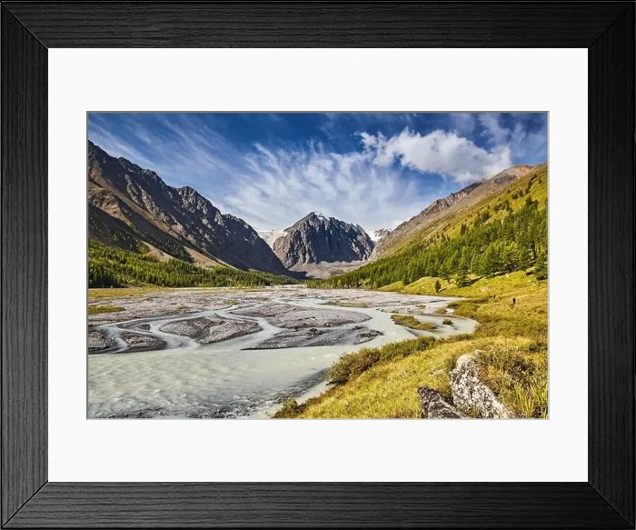 Framed Print : Mountain landscape, beautiful Aktru valley in Altai mountains Framed Print : Mountain landscape, beautiful Aktru valley in Altai mountains