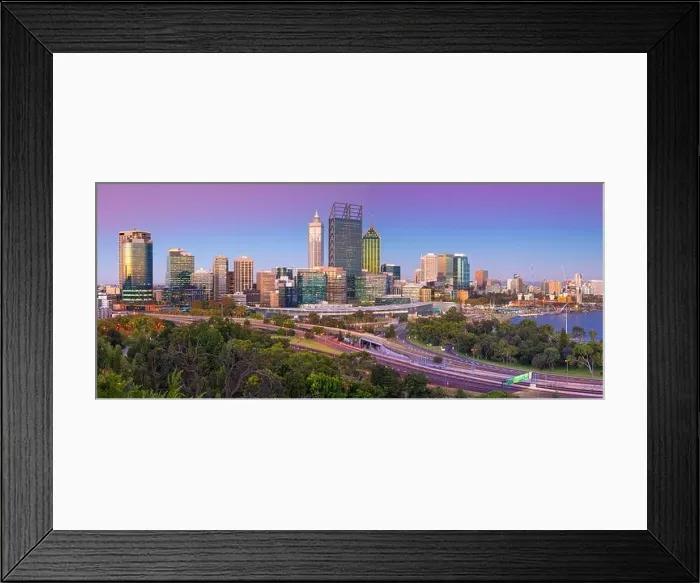 Framed Print : Perth. Panoramic cityscape image of Perth skyline, Australia during twilight blue hour