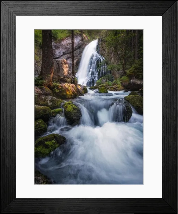 Framed Print : Scenic waterfall landscape with green moos stones and flowing river at beautiful summer day in Gollinger, Austria Framed Print : Scenic waterfall landscape with green moos stones and flowing river at beautiful summer day in Gollinger, Austria