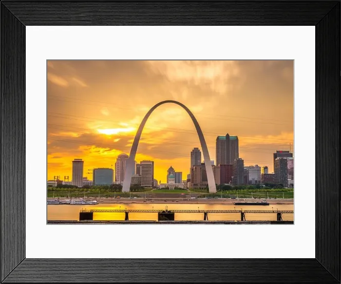 Framed Print : St. Louis, Missouri, USA downtown cityscape on the Mississippi River at sunset Framed Print : St. Louis, Missouri, USA downtown cityscape on the Mississippi River at sunset